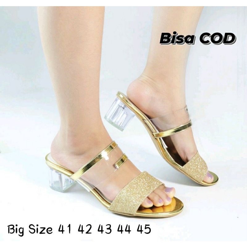 Original , Higheels Premium IMPOR size JUMBO 41-42-43-44-45 Heels Big Size Gold Glamour / Heels exclusive Pesta Mewah Ukuran Besar Emas Silver Hak Kaca Ori,42