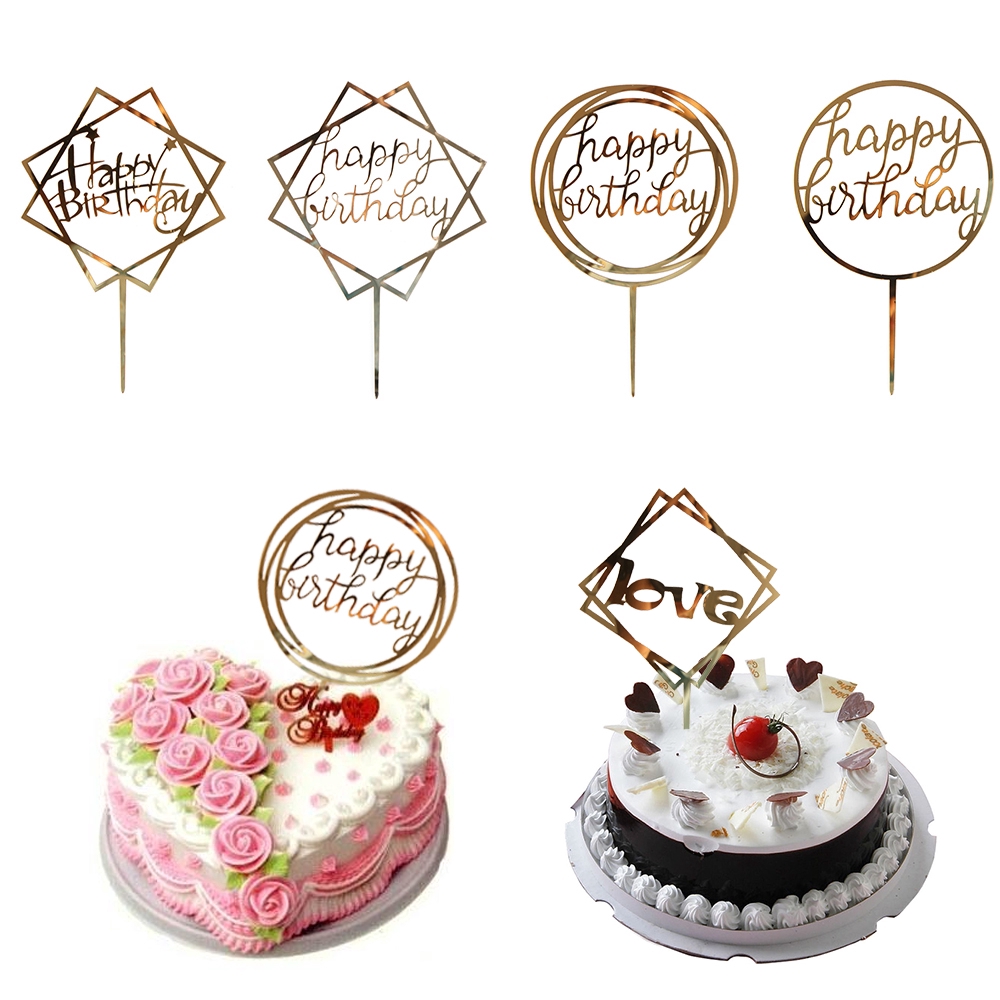 Topper Kue Desain Happy Birthday Bahan Akrilik Warna Emas untuk Dekorasi Kue