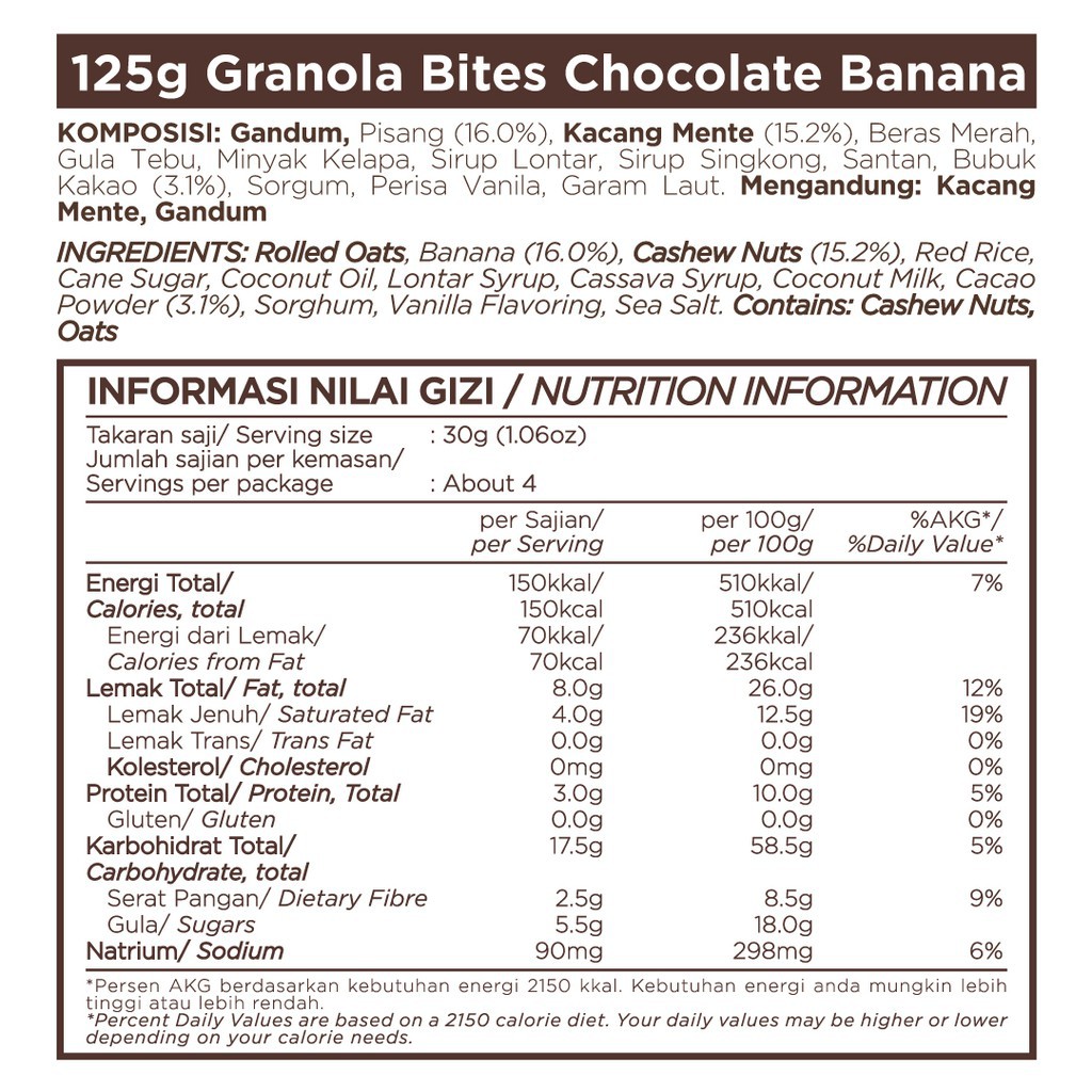 GRANOLA BITES - COCONUT BANANA 125 GR - EAST BALI CASHEWS (YAVA)