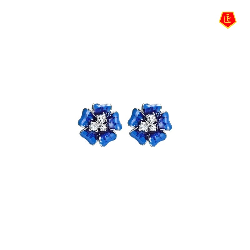 [Ready Stock]Blue Necklace Large Flower Diamond Ear Stud Suit