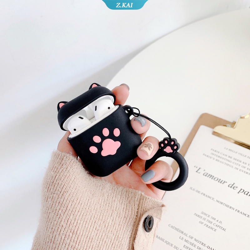 Casing Silikon Motif Kartun Cakar Kucing + Gantungan Kunci Untuk Simpan Earphone Wireless Bluetooth Apple AirPods 1 / 2 pro