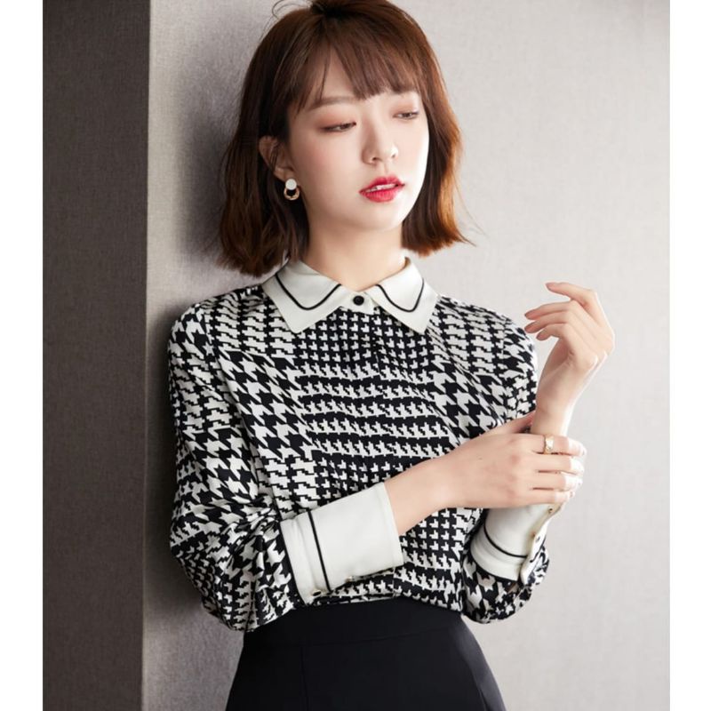 MDLV ~ 2140 Jericha Hidden Button Shirt Houndstooth Kemeja Twiscone Korea Fashion import