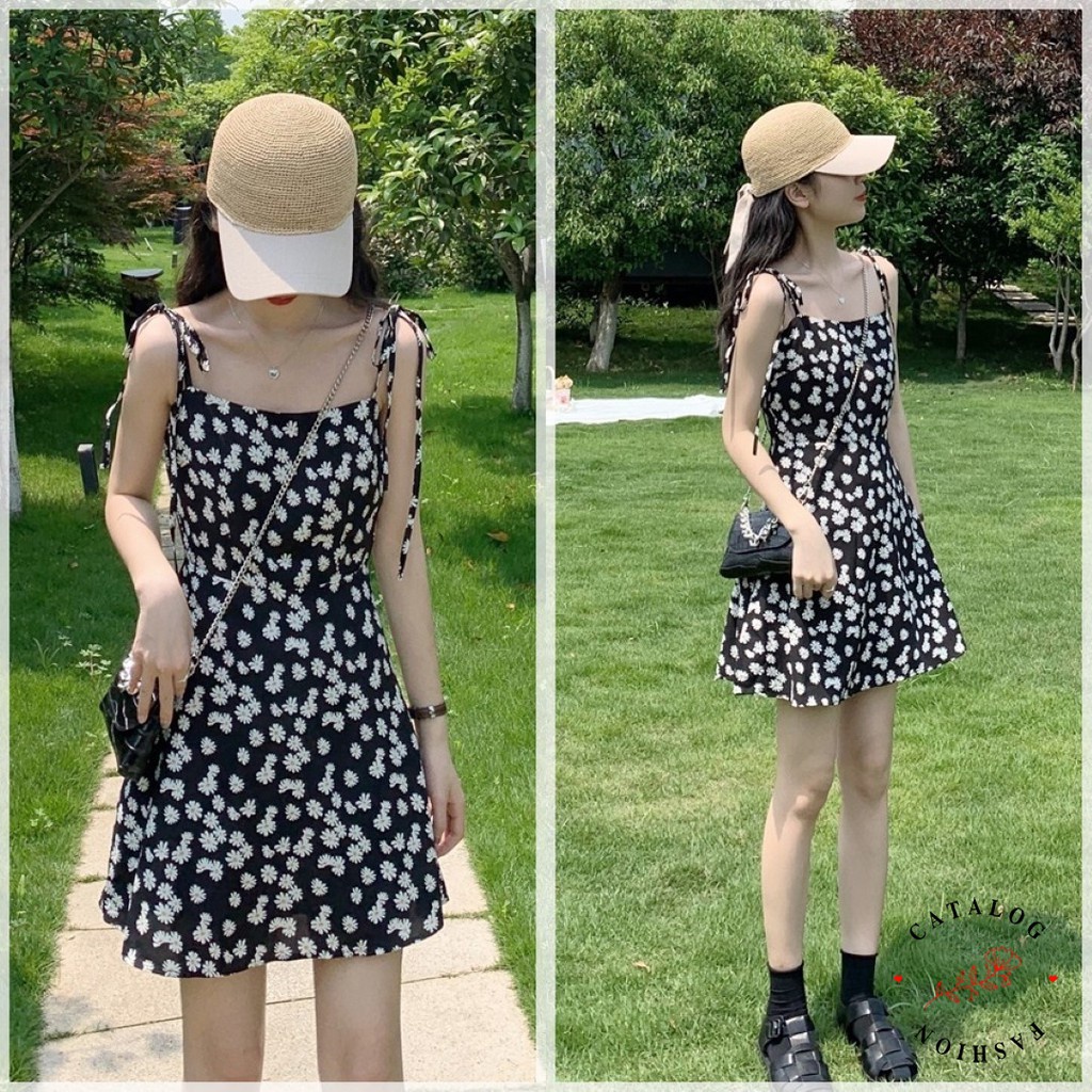 VS - Dress Tali Sunny -  Dress Print Daisy Tali Spaghetti / Mini Dress Wanita Korean Style