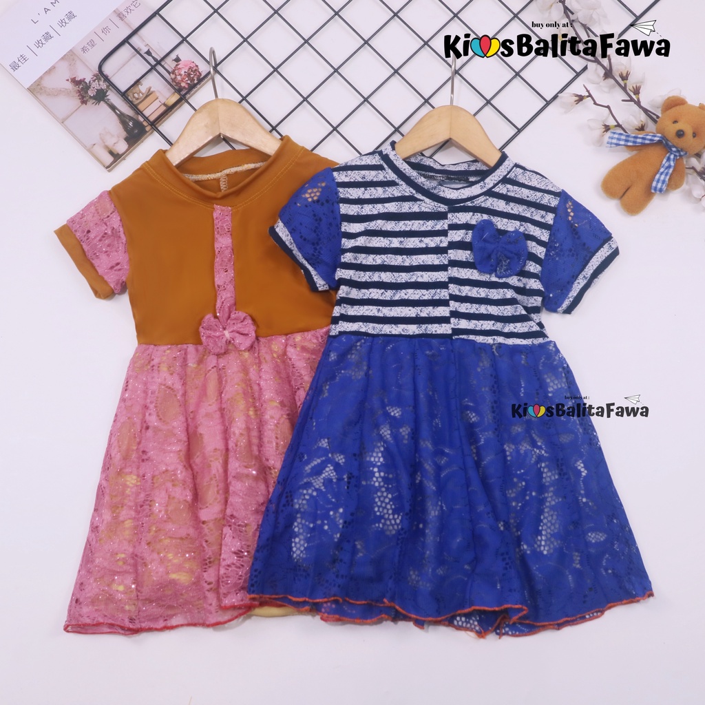 Dress Yuki uk 1-4 Tahun / Dres Kombi Brukat Lengan Anak Perempuan Baju Gaun Pesta