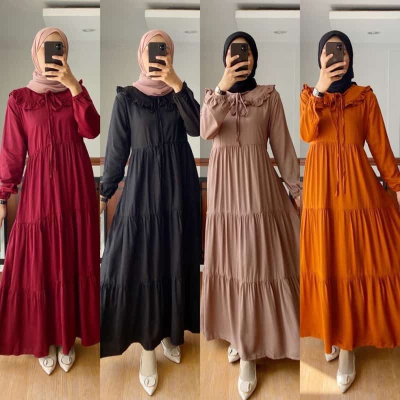 Gamis rayon felow fellow feli canda susun warna teracota merah bata hitam maroon dusty pink mocca Mi