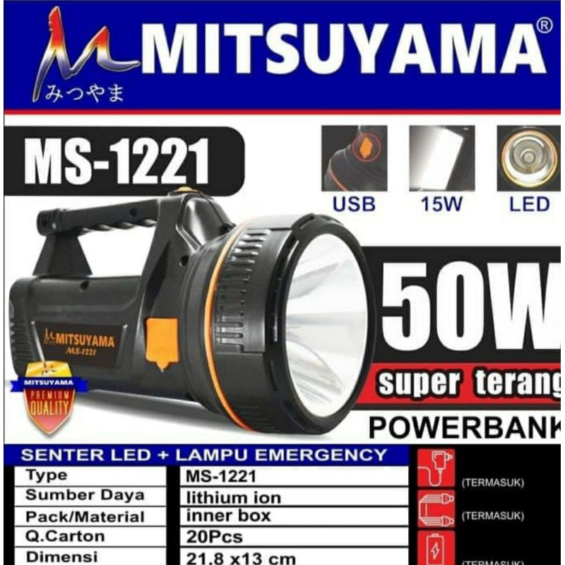 Senter LED 50Watt + Emergency 15Watt Mitsuyama MS - 1221 / Senter Tangan LED 50W