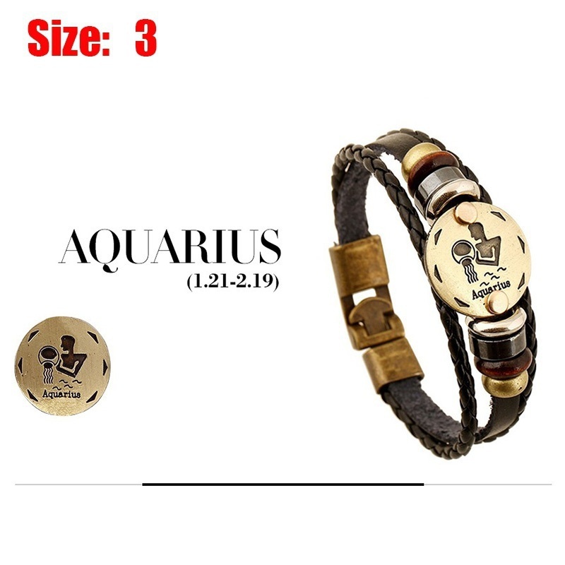 [Z H Perhiasan] Hip Hop Rock Retro Pria Fashion Stainless Steel12Rasi Bintang Multi layer Gelang Kulit Pesta Perhiasan Aksesoris