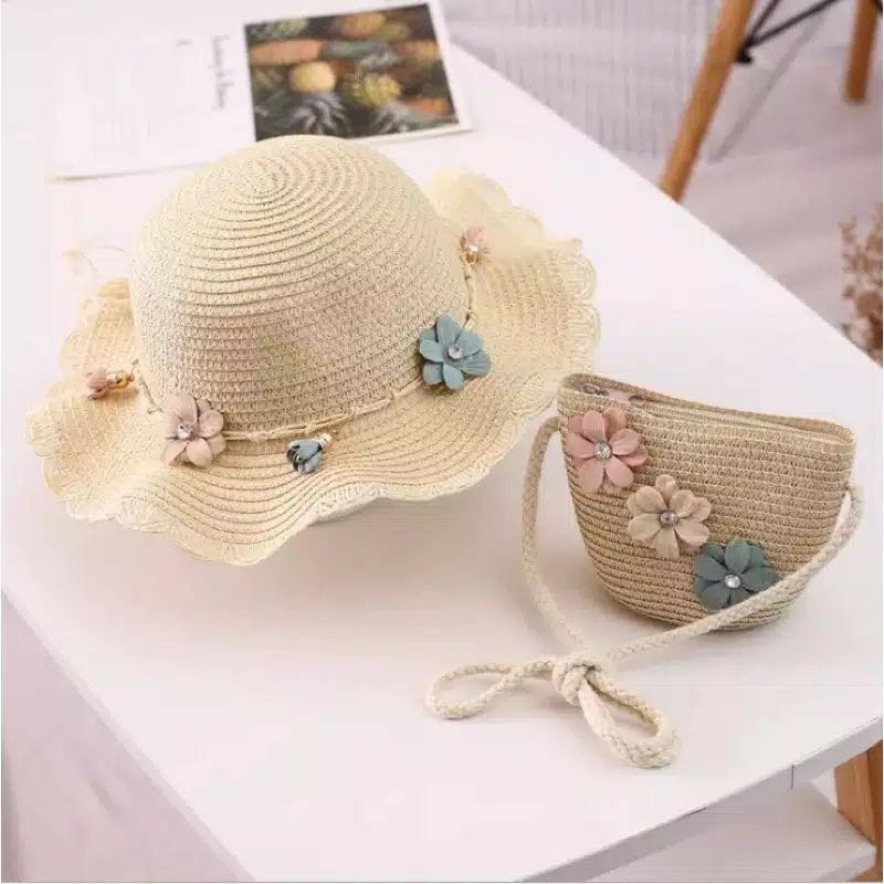 Topi Anak Pantai paketan set Tas Pantai Anak Bunga Import Pathos-Cream