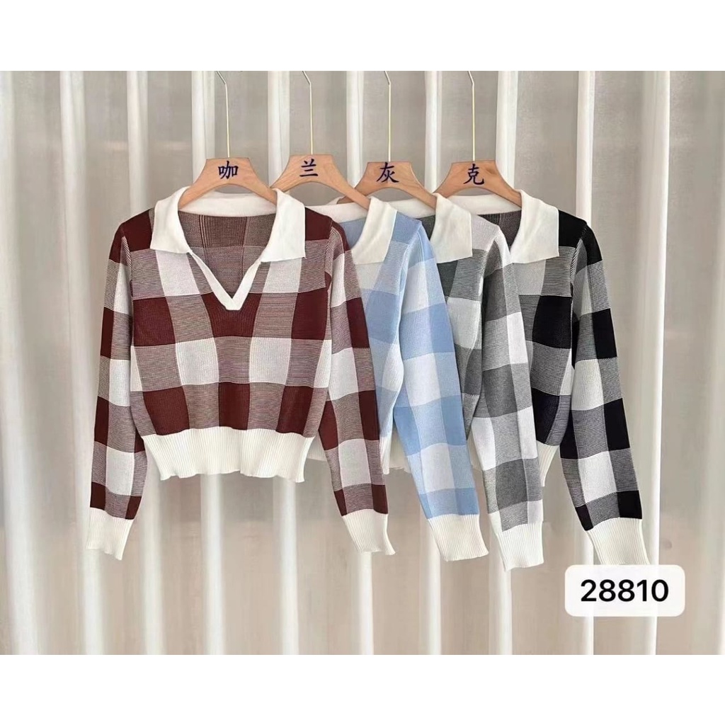 Jasmine Polo Sweater Top Crop Knit Import Longslevee - Rajut Wanita Motif Kotak Lengan Panjang TM (28810)