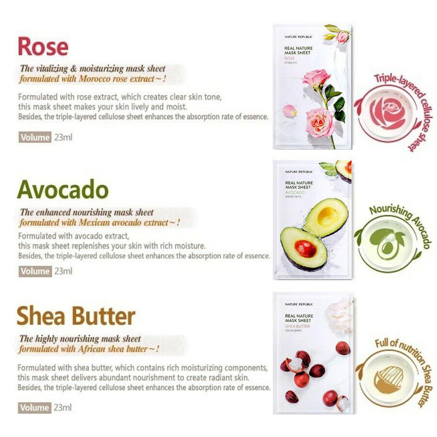 Nature Republic Real Nature Mask Sheet 100% ORIGINAL KOREA-23ml