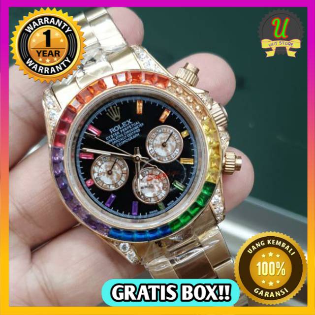 Jam Tangan Pria Rolex Automatic Rolex Daytona Rainbow Pelangi Diamond Rosegold 40mm premium