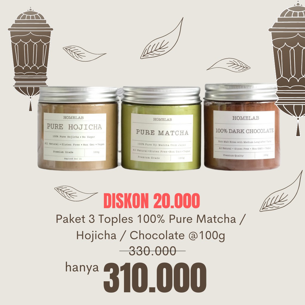 

100% Pure Uji Matcha, 100% Pure Hojicha & 100% Dark Chocolate - Paket Bundle 100G 3 Pcs hos