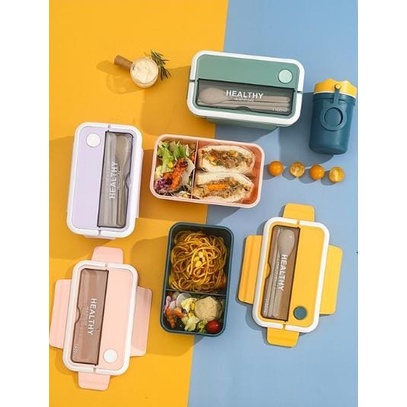 LUNCH BOX HEALTHY NEW TEMPAT MAKAN 2 SEKAT  PLUS SENDOK GARPU/ LUNCH BOX UNIK BERKWALITAS/WADAH MAKAN SEKAT/KOTAK BEKAL MAKAN