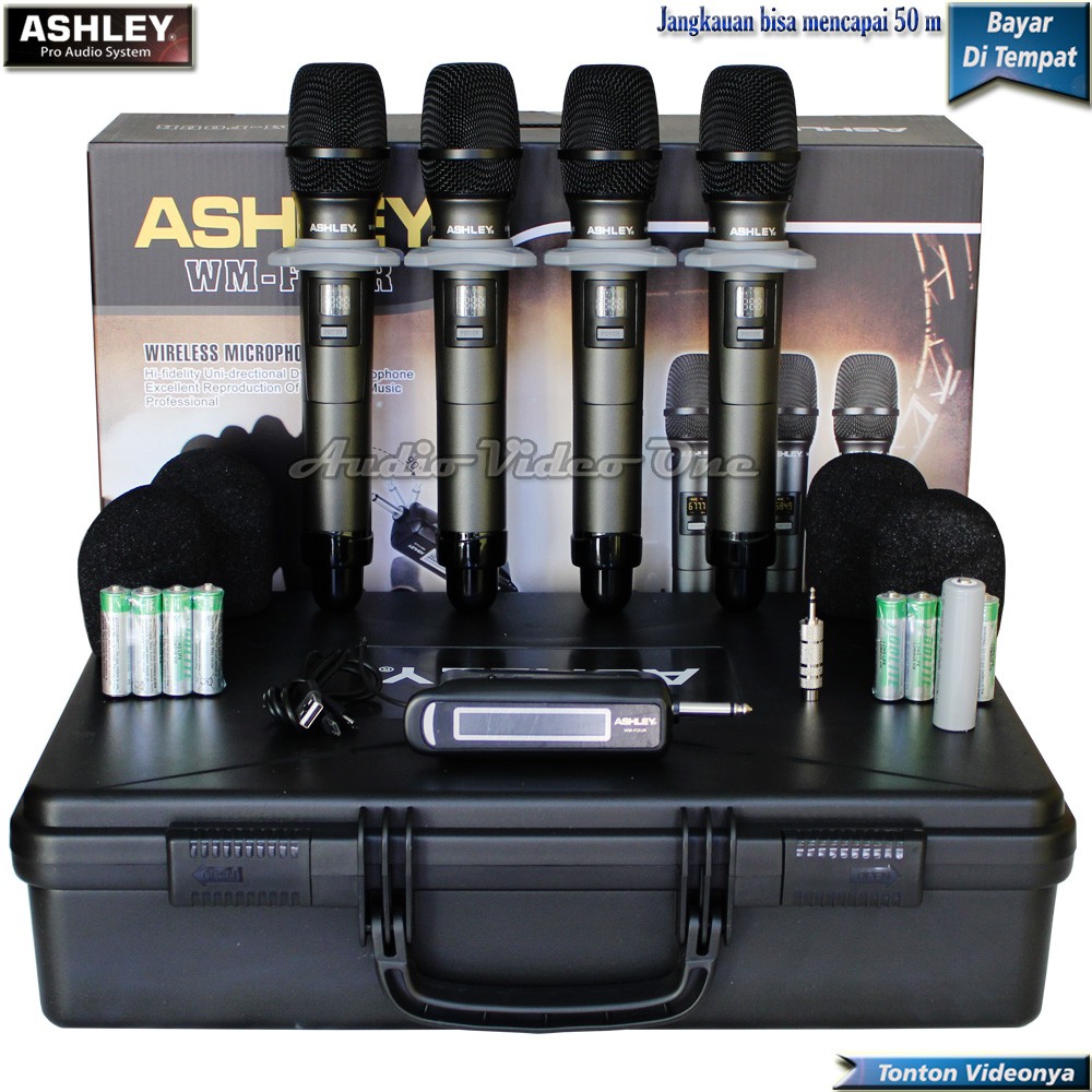 Mic Wireless 4 Handle Ashley WM-FOUR Microphone Nirkabel Karaoke Original Free Busa Ring Usb Jack 3.