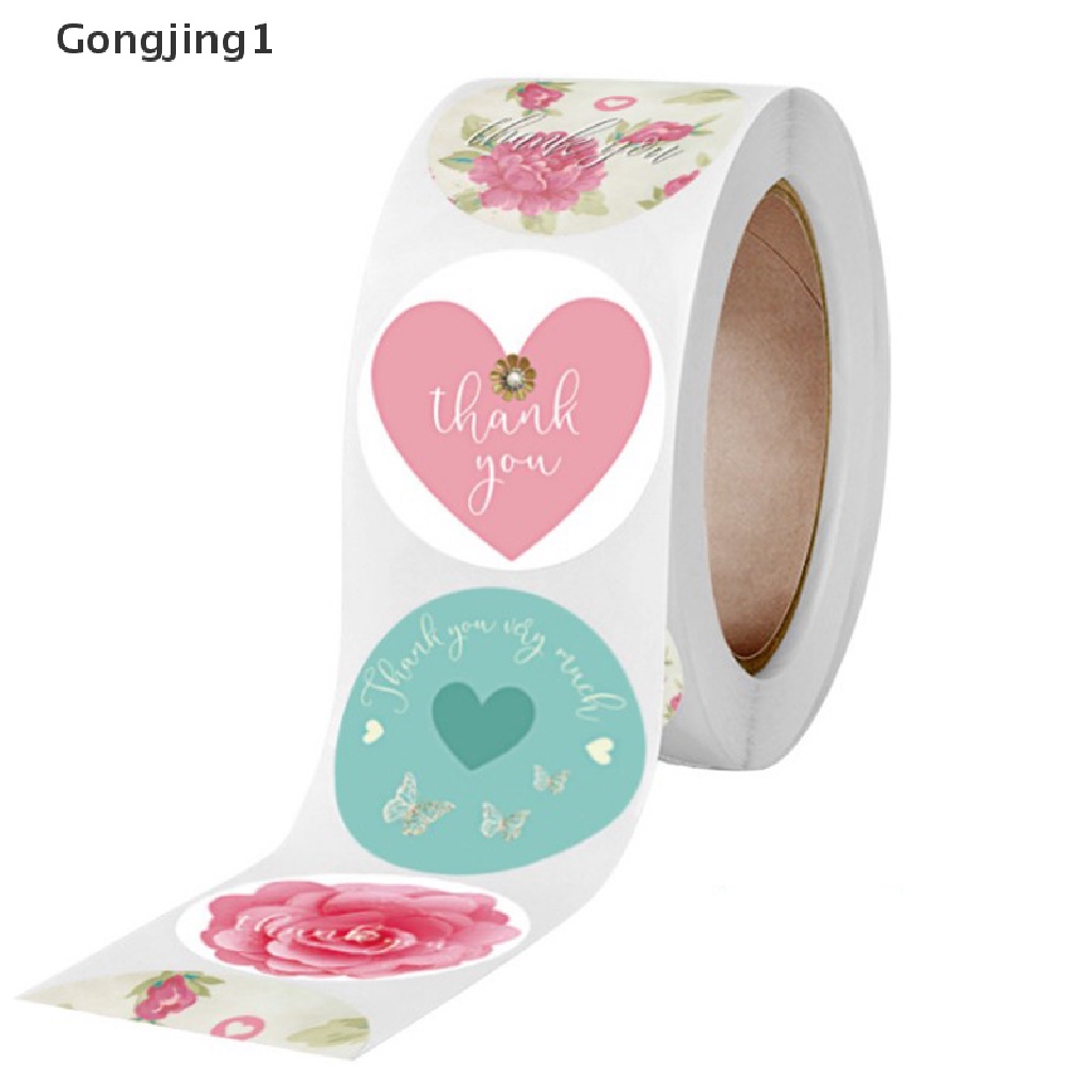 Gongjing1 500pcs / roll Stiker Bulat Motif Bunga Tulisan Thank You Untuk Scrapbook