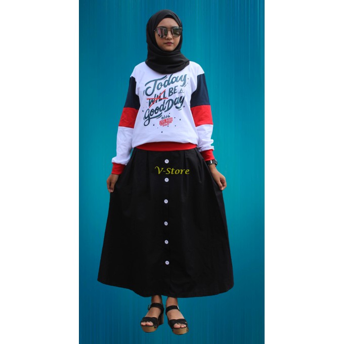 Rok Panjang Wanita Bahan Katun Rok Model Kancing Putih Lurus Numia Rok Wanita Muslimah Warna Hitam