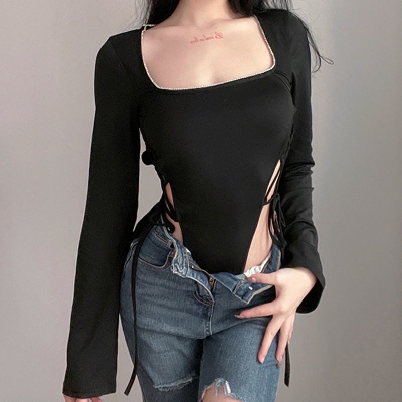 impor BIIKPIIK Eropa dan Amerika kerah persegi hitam lengan panjang top wanita strappy sexy waistles