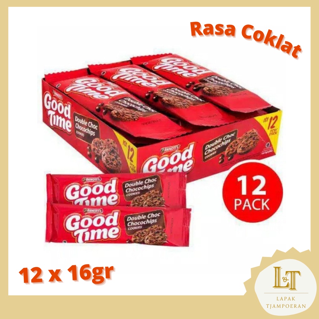 

Lapak Tjampoeran | Good Time Coklat Double Choc Chocochips Cookies 1 pak isi 12pcs x 16gr