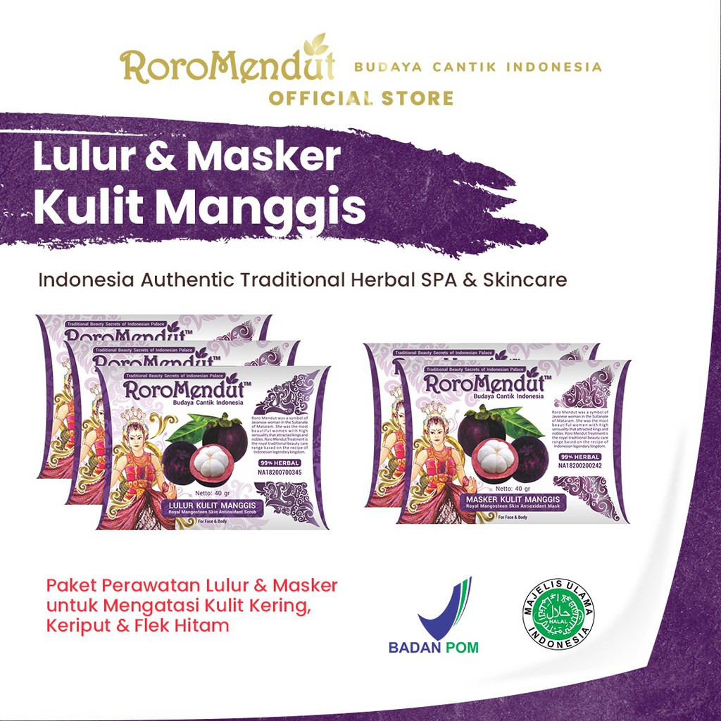 

Roro Mendut Paket Lulur dan Masker Kulit Manggis Premium Size 40 gr (2 Lulur dan 3 Masker)