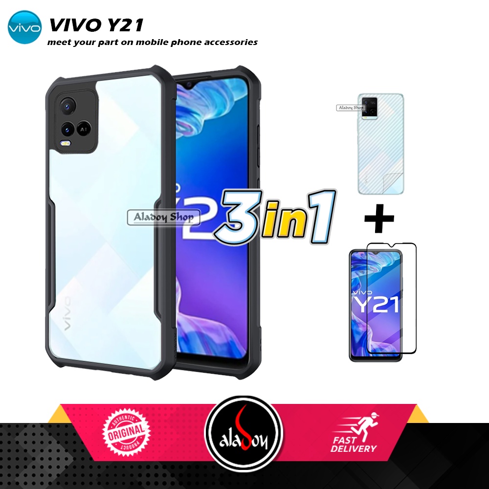 Case VIVO Y21 Armor Fushion Transparent Casing + Tempered Glass Full Layar dan Skin Carbon