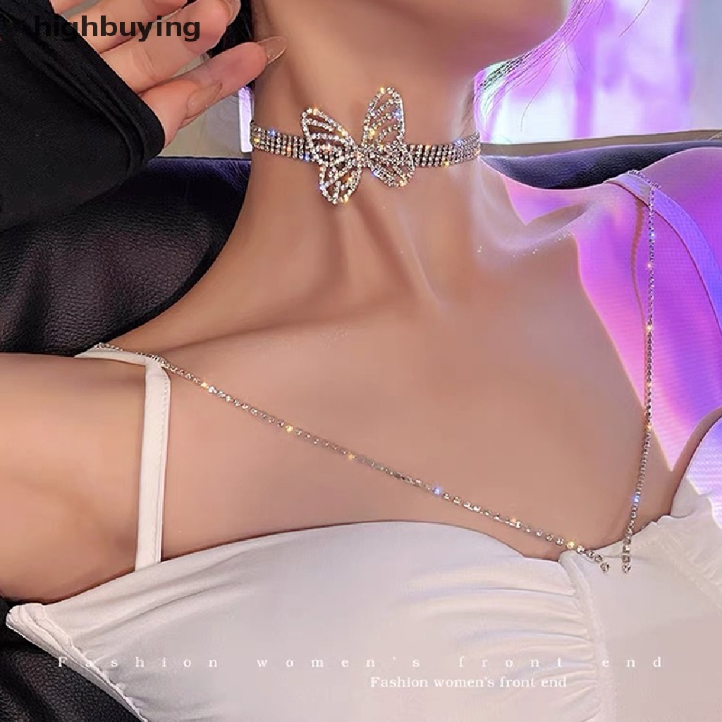 Hbid Kalung Rantai Liontin Kupu-Kupu Hias Berlian Imitasi Gaya Perancis Bling Untuk Wanita