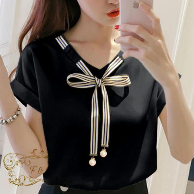 BISA COD - BLOUSE LAURA Blouse Korean Style Wanita Remaja Atasan Kaos Blouse Wanita Dewasa Lengan Pendek Bahan Balotelly-Hitam