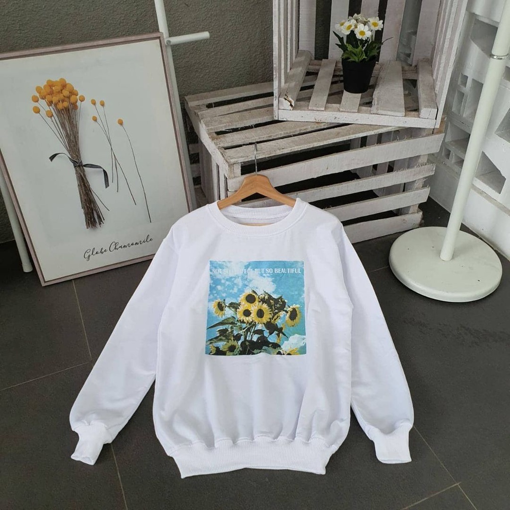 Vintage Sun Flower Sweater-Sweatshirt Cewek Cowok Crewneck Oblong Gaya Casual