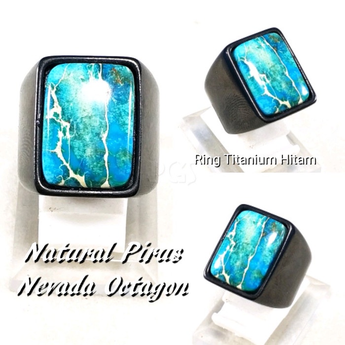 CINCIN BATU AKIK NATURAL PIRUS BIRU OCTAGON RING TITANIUM HITAM - 7