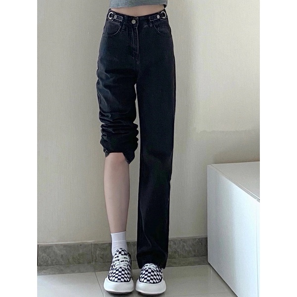 Import Bergaya Hitam Highwaist Loose Kulot Jeans Wanita