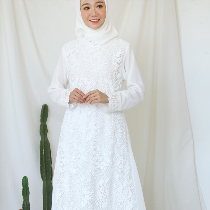 PREMIUM GAMIS BRUKAT IMPOR PUTIH / BAJU MUSLIM / DRESS MUSLIM PUTIH #234 - PUTIH TULANG, XXL