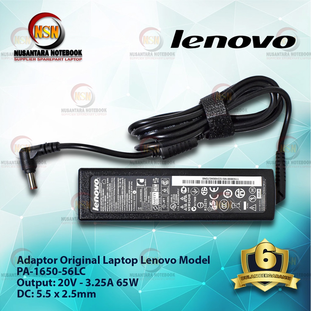 Adaptor Charger Original Laptop Lenovo 20V - 3.25A 65W DC 5.5*2.5 mm