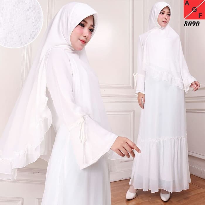  Baju  Gamis Wanita  Brukat Syari Putih  Lebaran  Umroh Haji 