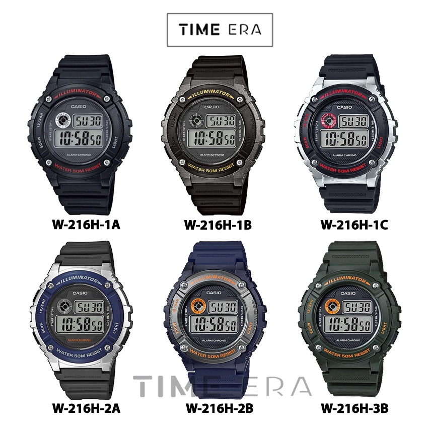 Casio Original W216H-1A / W-216H-1B / W-216H-1C 2A 2B 3B Jam Tangan Pria Digital Karet Hitam