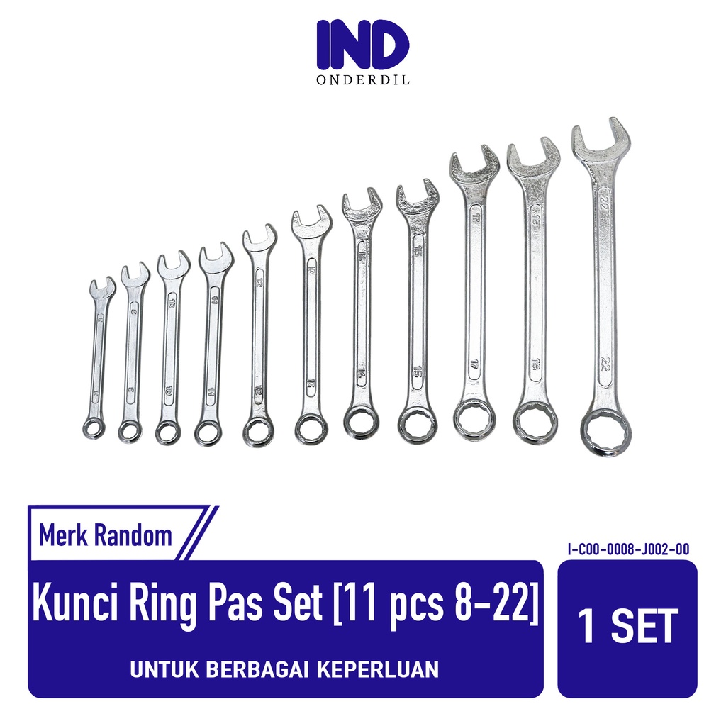 Kunci-Alat-Perkakas-Petukangan Pas-Ring-Bulat Set 11 Pcs-Biji 8-22 Open End Wranch 8-9-10-11-12-13-14-15-17-19-22