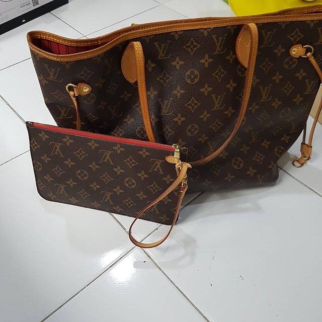 Preloved LV Neverfull MM Monogram Canvas Red Cerise with pouch