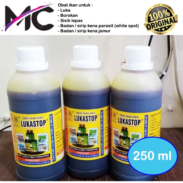 Lukastop 250ml Obat Ikan Hias Parasit Jamur Luka Karantina Sisik Rusak Sobek Botol Besar Original Perawatan Cupang Guppy Arwana Louhan Koi Koki Discus Chana dan lain lain Kebutuhan Aquarium Aquatic