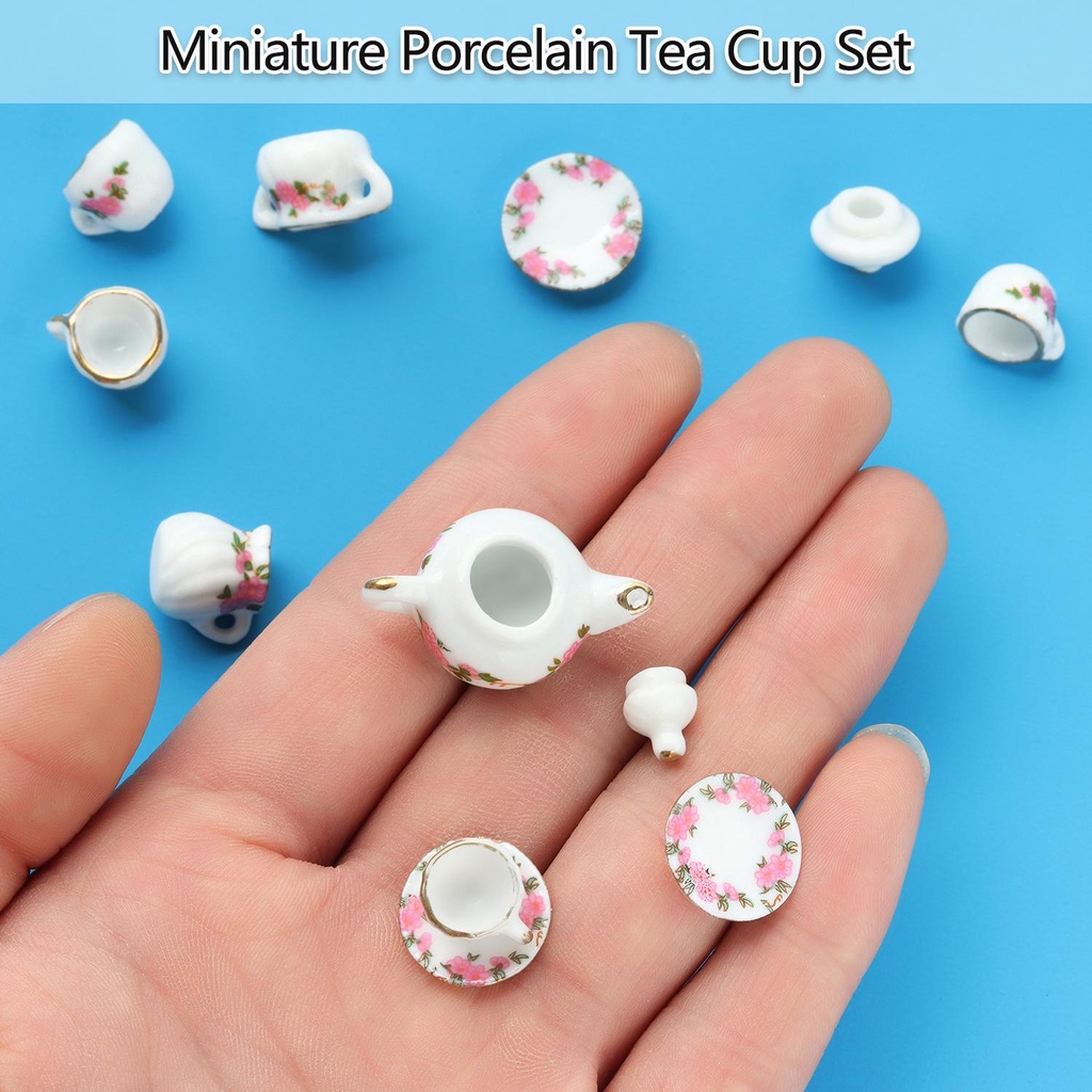 Wonder 11pcs Set Cangkir Teh Porselen Mainan Dapur Dengan Lis Emas Dekorasi Rumah1Per6 1per1 /12 Miniatur