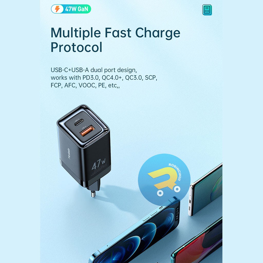 MCDODO Adaptor GAN 47 Watt Charger Dual Slot Fast Charging VOOC-QC3.0-QC4.0-Aplle-AFC-FCP-SCP