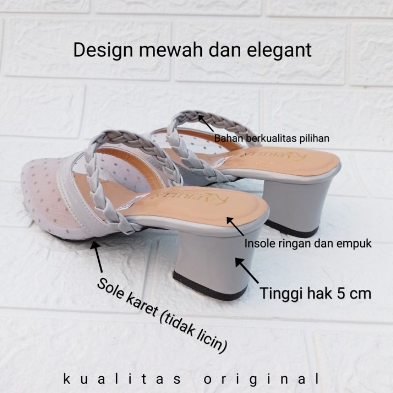 Aprilia sepatu sandal pesta wanita hak tahu 5cm/sandal bustong brukat kondangan kekinian/sepatu wanita slip on anti licin/sendal slop pesta