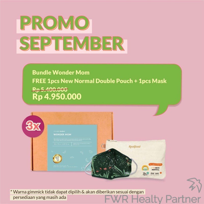 

Realfood Bundel Wonder Mom - Free 1Pcs New Normal Double Pouch + 1Pcs Mask