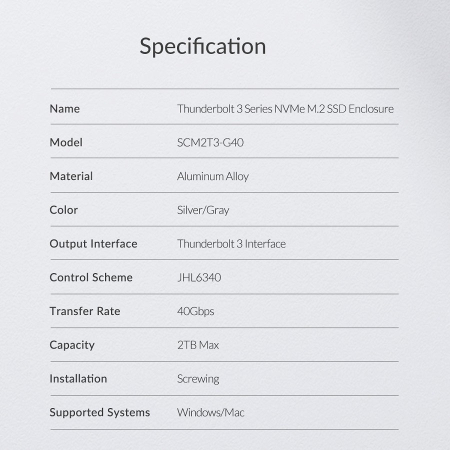 Case Ssd m.2 external orico nvme thunderbolt 3 Type-c 40Gbps enclosure M-key aluminium scm2t3-g40