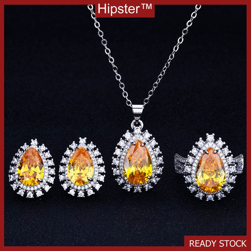 New Luxury European And American Colored Gems Pear-Shaped Diamond Ring Jewelry Set