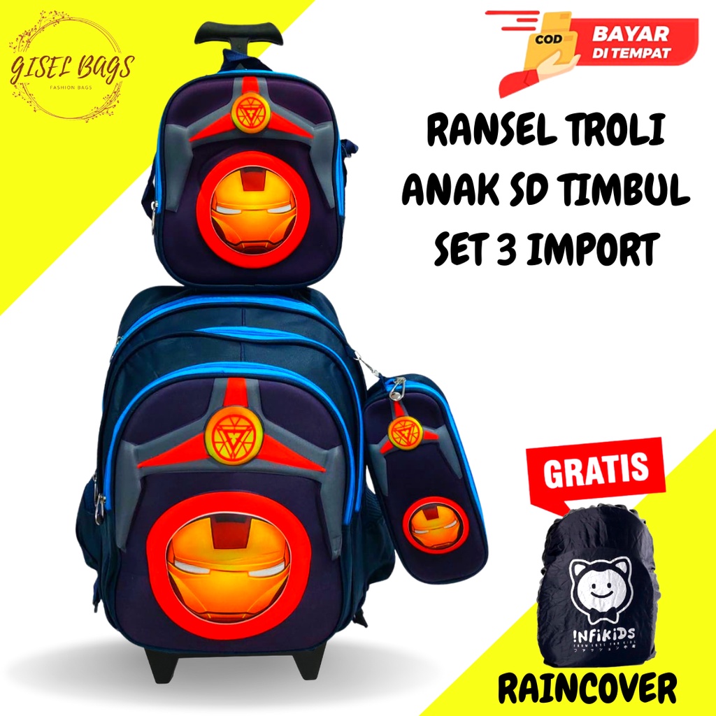 GB Tas ransel troli anak laki laki import gambar timbul karakter superhero tas ransel set 3