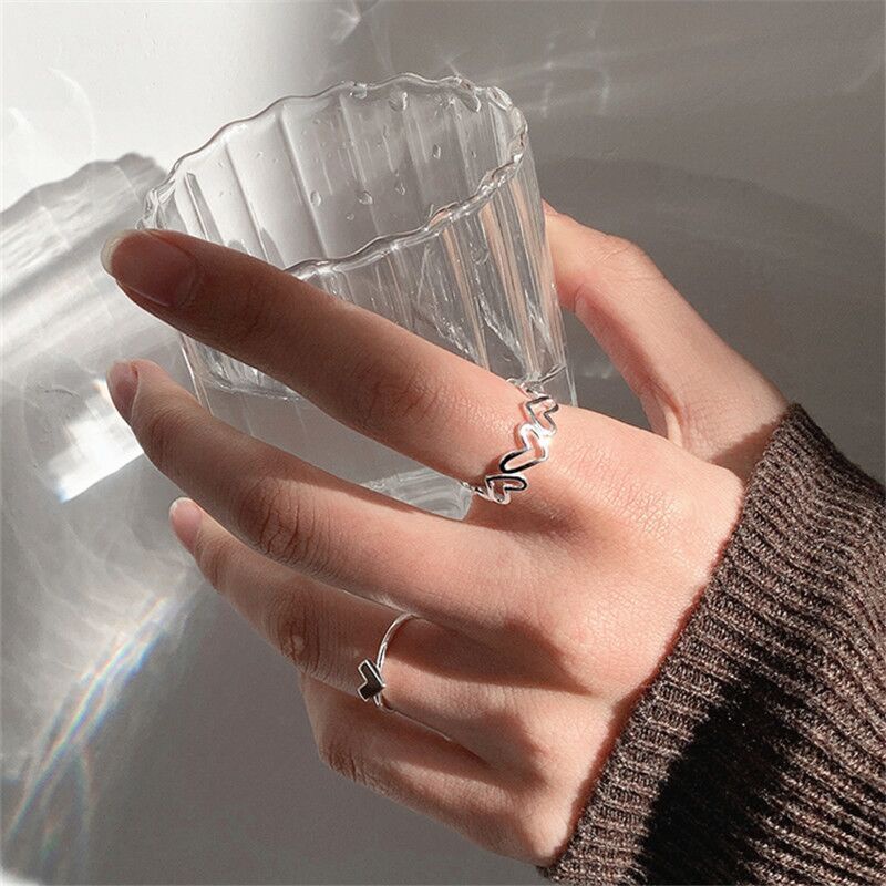 Magic789 2PCs Elegant Hollow Heart Open Ring for Women Silver Cuff Finger Jewelry