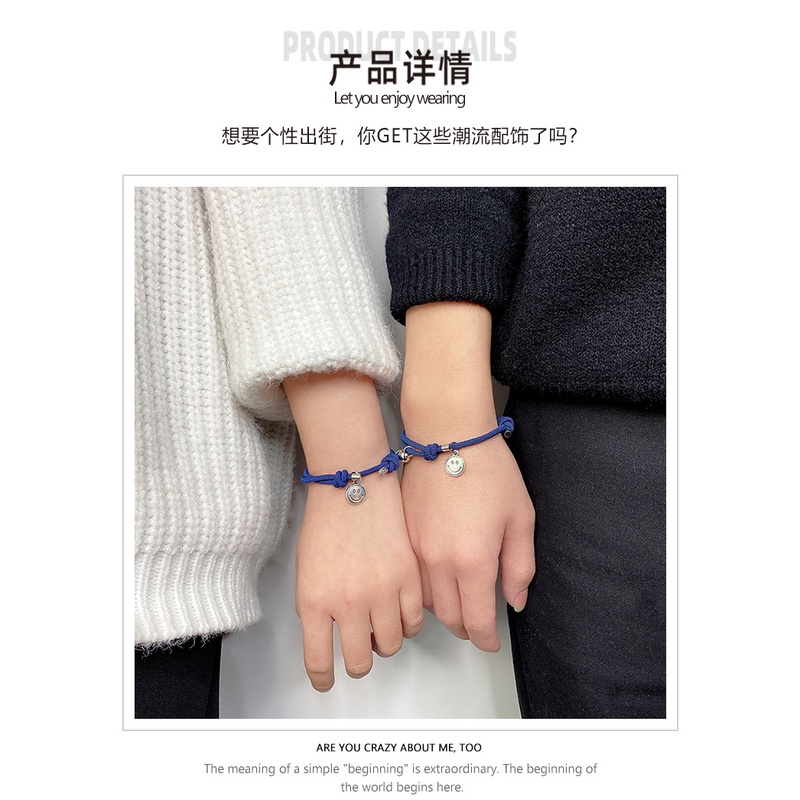 Korea biru woven pasangan diy Gelang adjustable wajah tersenyum magnet liontin pacar gelang pria dan