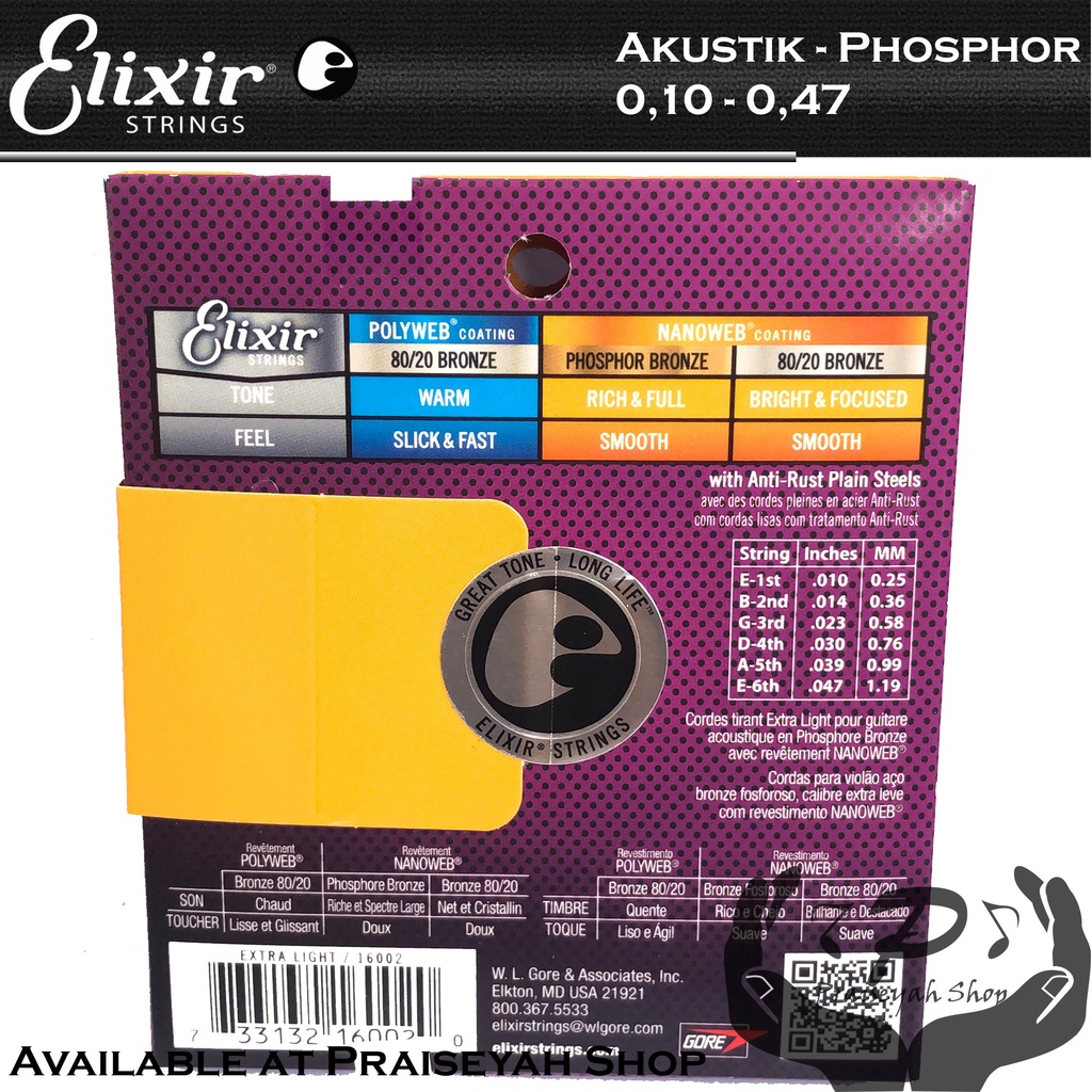 Elixir Senar Gitar Akustik Phosphor Bronze 010 dan 011 Original Guitar String