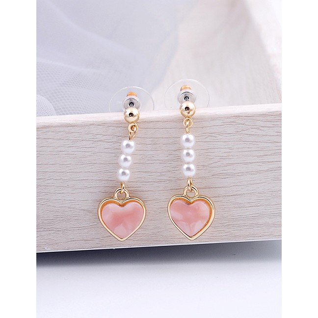 LRC Anting Tusuk Fashion Pink Pearl Heart Stud Earrings F94054