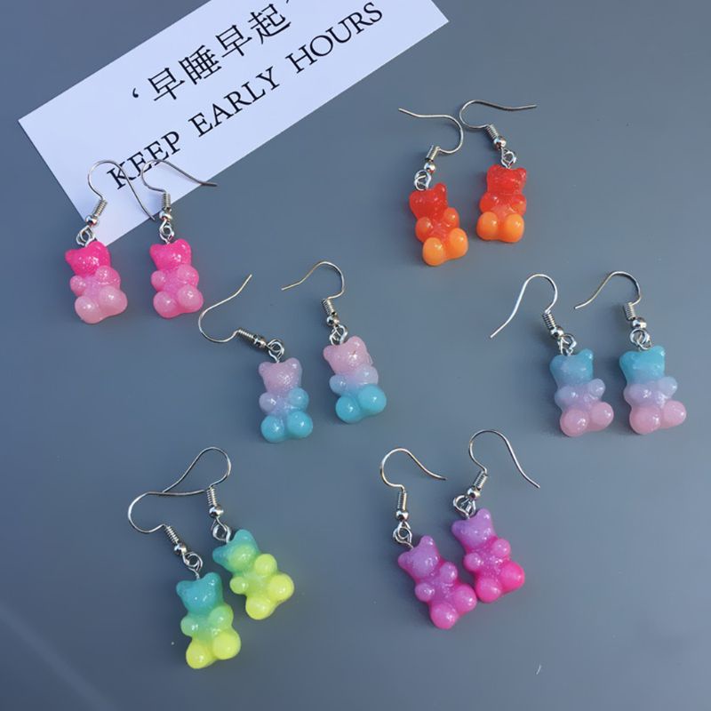 Siy 1 Pasang Anting Tusuk Gantung Wanita Bahan Resin Desain Gummy Bear Warna Permen Menarik Untuk Hadiah