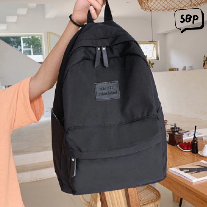 Tas Ransel Backpack Hitam SHANGHAI Unisex Fashion Bahan Nilon Tas Sekolah Polos Tas Punggung Pria Wanita Kekinian Terbaru