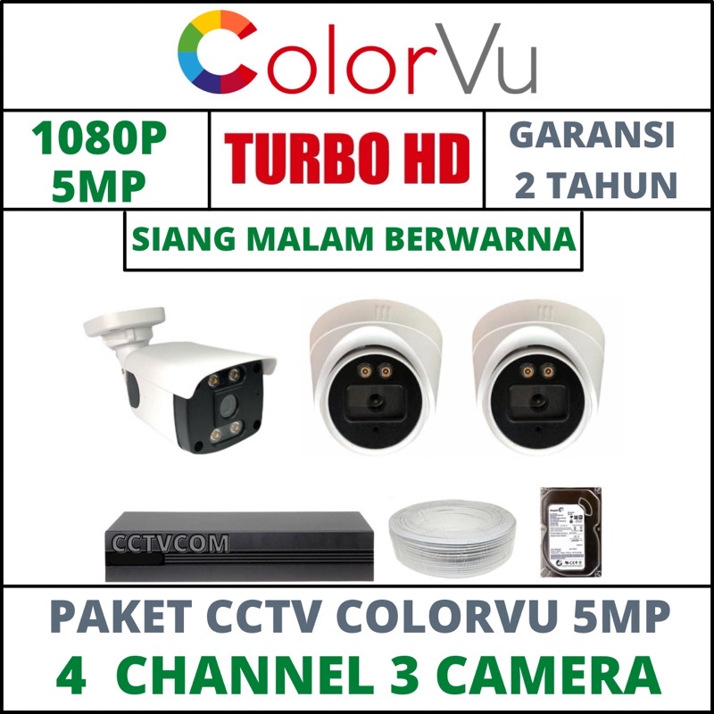 PAKET CCTV COLORVU -SIANG MALAM BERWARNA 4 CHANNEL 3 CAMERA 5MP IC SONY 1080P KOMPLIT TINGGAL PASANG